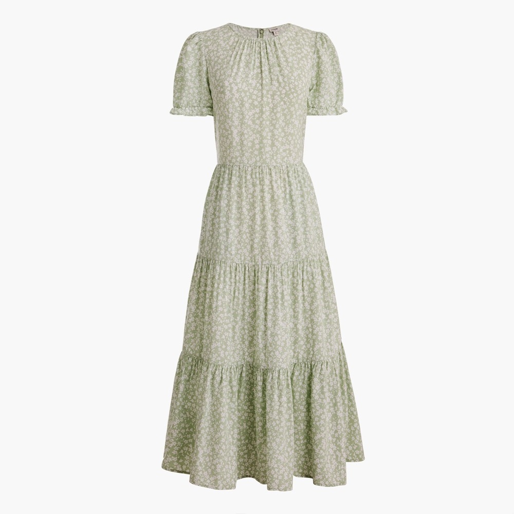 Floral puff-sleeve tiered midi dress